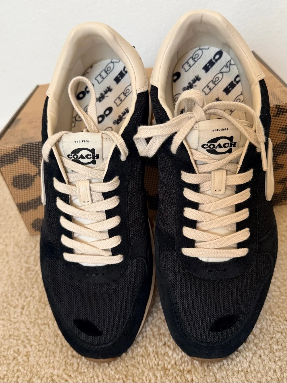 COACH Retro Runner Mens 9 Suede Mesh Lightweight Shoes Black White Logo Sneakers